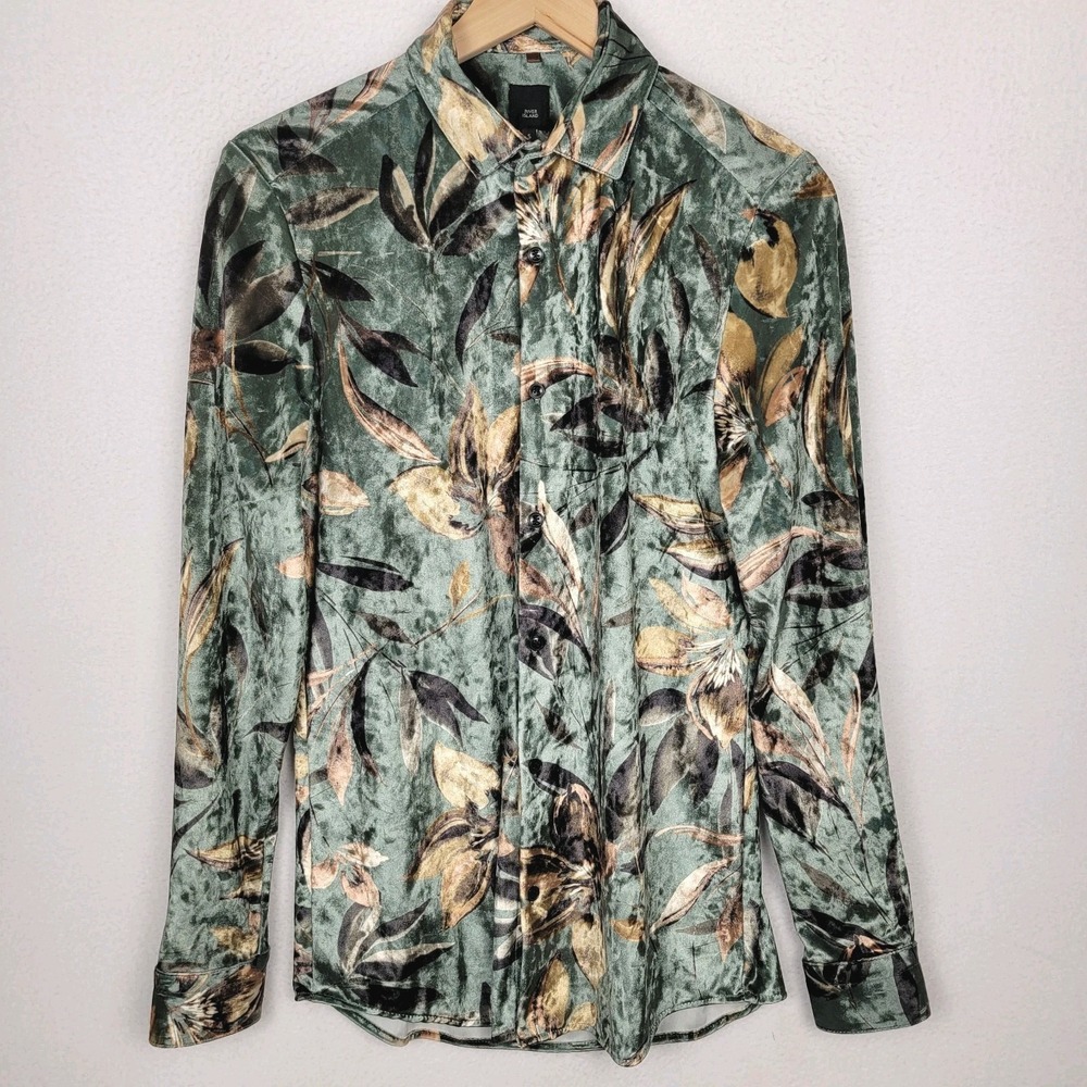 River Island‎ Luxe Velvet Button Down Shirt Men's S Green Floral Slim Stretch